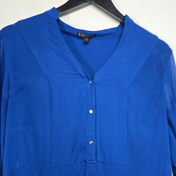 Express Royal Blue Flowy Roll Tab Henley Long Sleeve Top - Picture 2 of 8